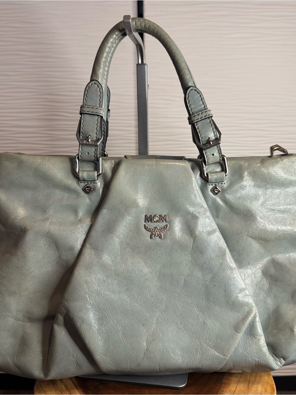 MCM Mint Green Embossed Leather Tote with Triangular Pattern, and Silver Accents